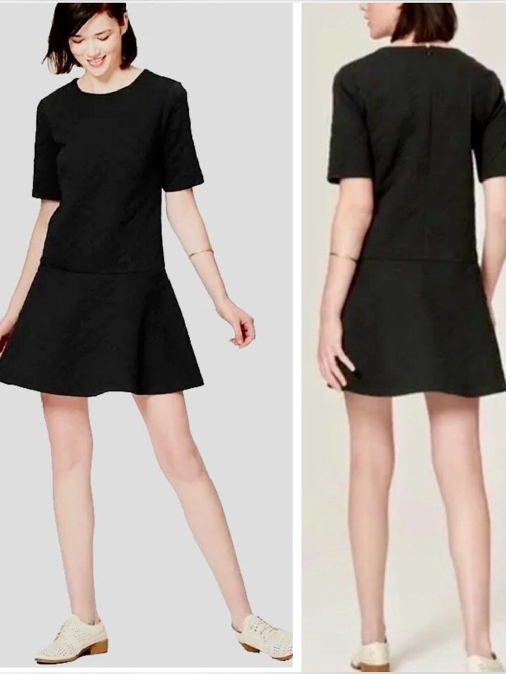 LOFT Quilted Black Drop Waist Small Mini Dress Coquette Flowy Skater Grunge Goth